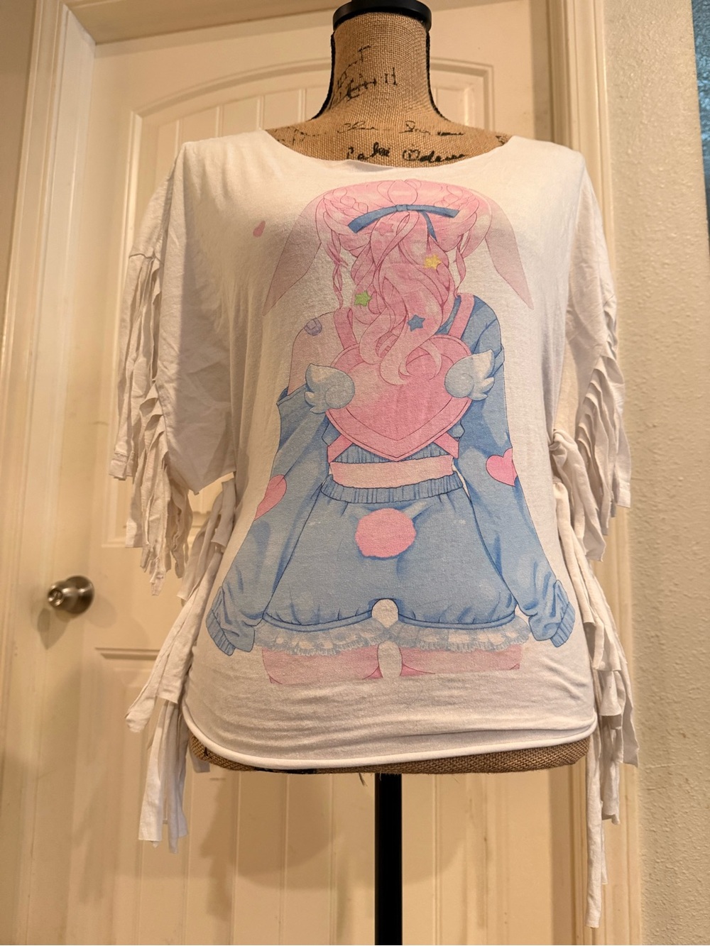 Upcycled Pastel Anime Fringe Tee – Size Small